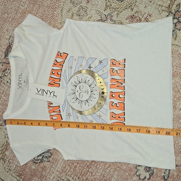 Vinyl Icons White Graphic Tee with Gold Sun and Moon Don't Wake The Dreamer Sz M - Picture 6 of 7